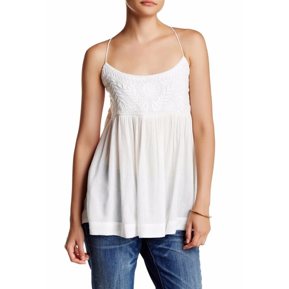 Free People Tops - FREE PEOPLE Shirt Womens XS Cream Blackbird Blouse Tank Lace Up Back Embroidered